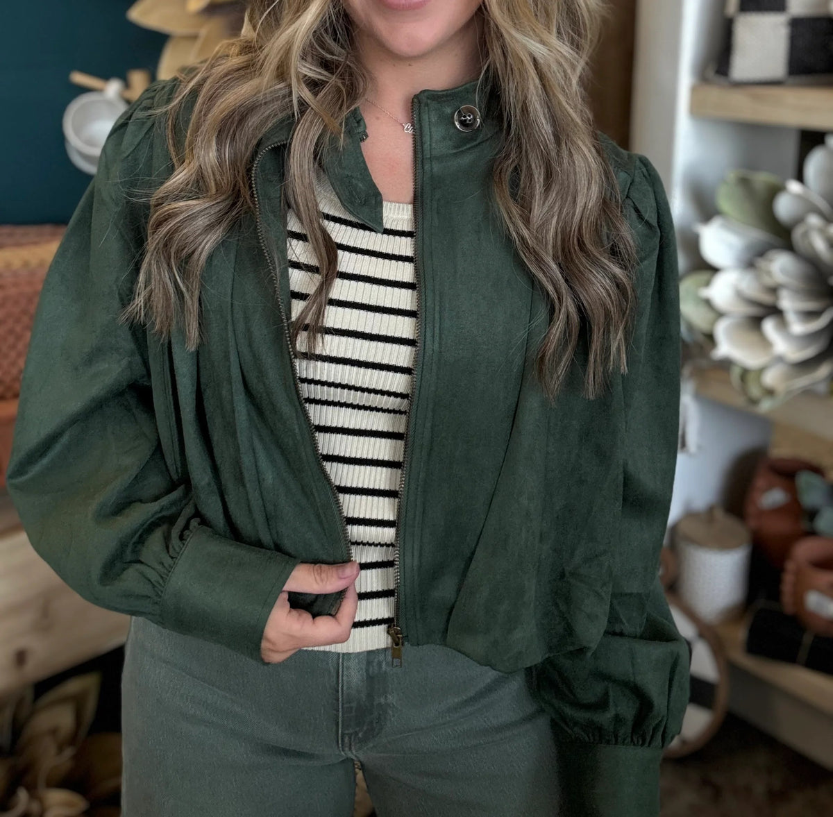 Chaqueta Blouson con Fruncidos Verde Bosque